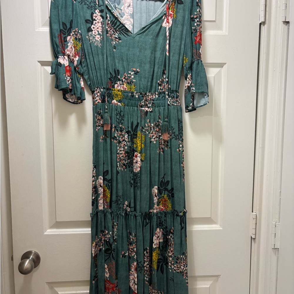 Love Stitch Teal Floral Maxi Dress